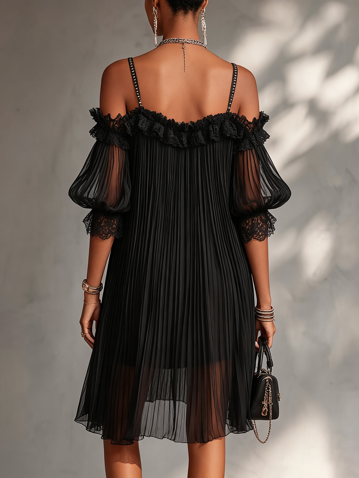 Liv | Black Off-Shoulder Chiffon Mini Dress with Lace Trim
