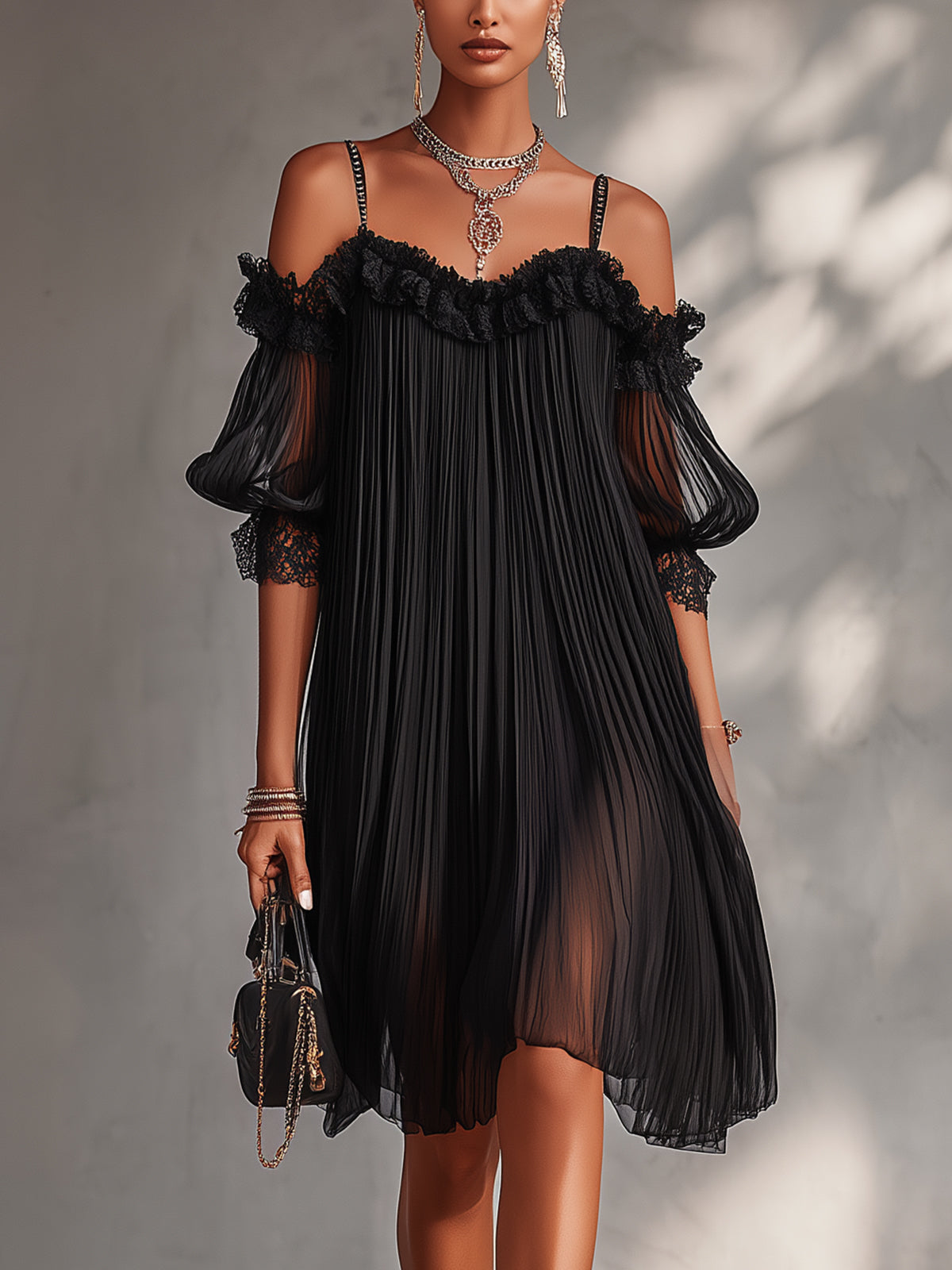 Liv | Black Off-Shoulder Chiffon Mini Dress with Lace Trim