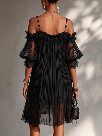 Liv | Black Off-Shoulder Chiffon Mini Dress with Lace Trim