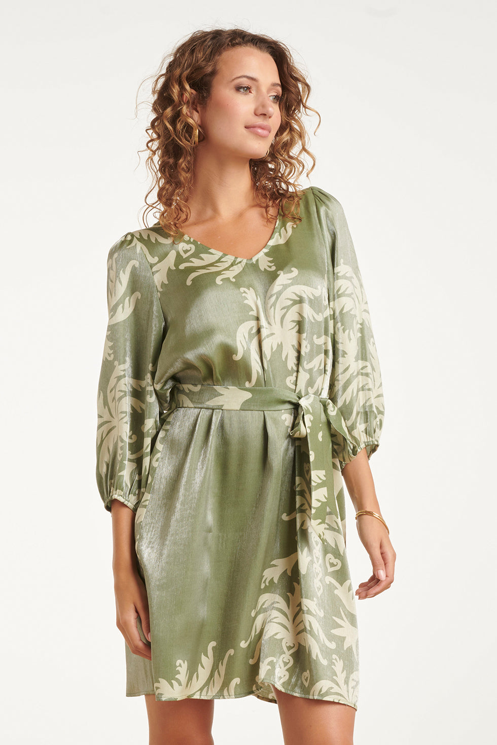 Amy | Olive Green Palm Print Dress