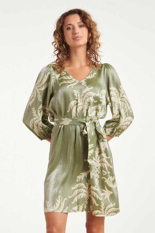 Amy | Olive Green Palm Print Dress