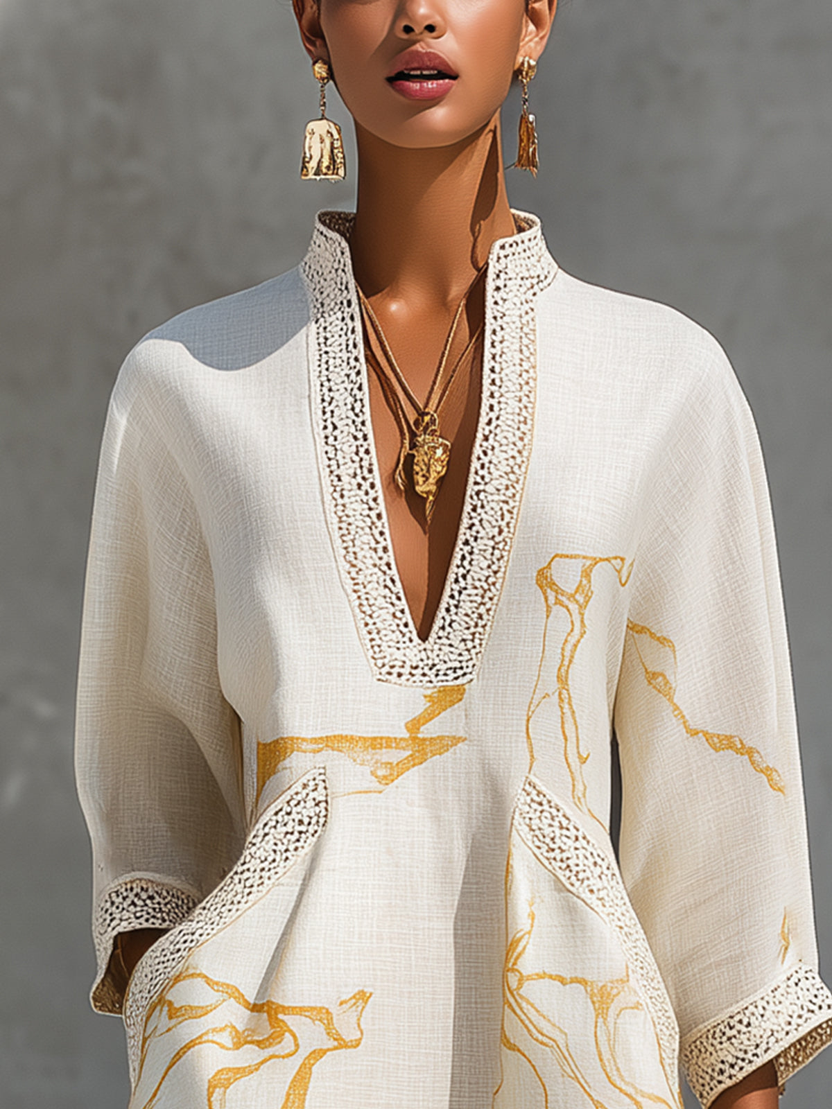 Ivory | Lace Mini Dress with Gold Patterns and V-Neckline
