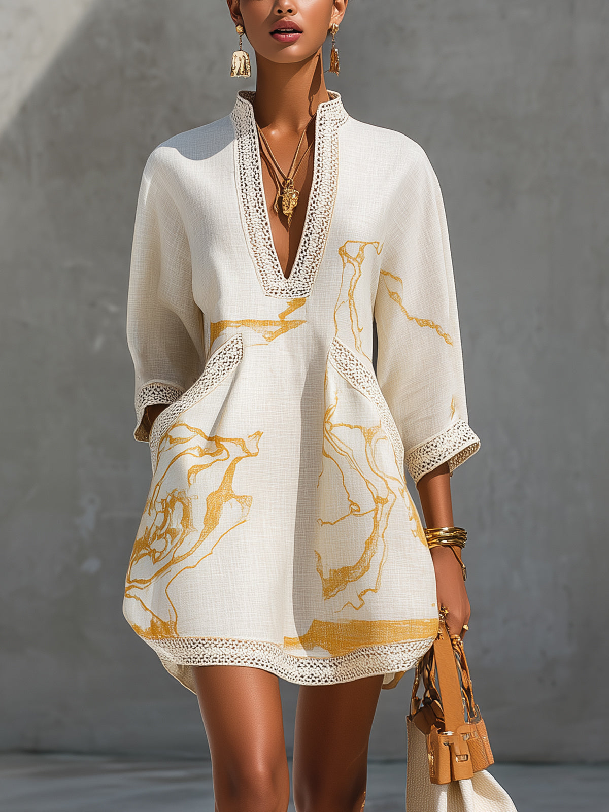 Ivory | Lace Mini Dress with Gold Patterns and V-Neckline