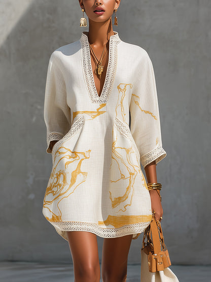 Ivory | Lace Mini Dress with Gold Patterns and V-Neckline