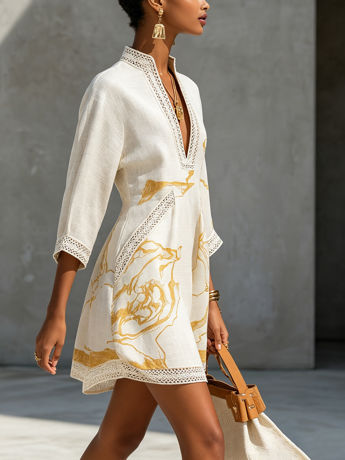 Ivory | Lace Mini Dress with Gold Patterns and V-Neckline