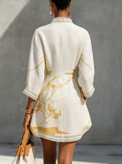 Ivory | Lace Mini Dress with Gold Patterns and V-Neckline